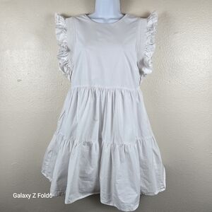 English‎ Factory White Cotton Ruffle Tiered Dress M Pockets Summer Casual Spring